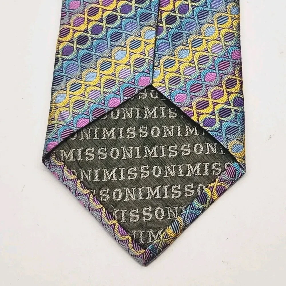 Missoni Cravatte Tie Men's Necktie 100% Silk Blue Purple Geometric Italy
